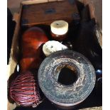 A quantity of collectables, including a metal mounted oak box, wooden candlesticks,