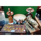A quantity of collectables including a ceramic bowl, a cow with calf,