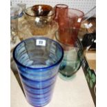 A group of seven coloured glass vases, including Whitefriars style, (7).