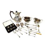 A silver three piece part tea set, comprising; a hot water jug,