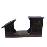 A stained pine shoe shine seat, gilt lettered 'C R Shoes', 73cm.
