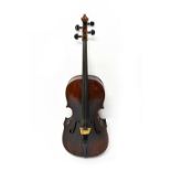 A cello, early 20th century, with four strings and ebony pegs, (back measures 27.