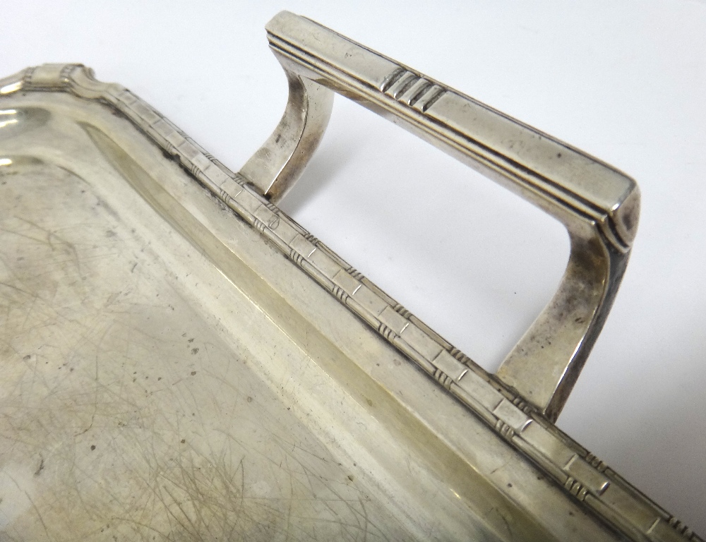 A silver twin handled shaped rectangular tray, having a decorated rim in the Art Deco style, - Image 3 of 5