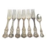 A set of six double struck King's pattern American Sterling table forks, detailed Black,