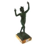 A green patinated bronze faun, early 20th century, raised on a marble rectangular plinth, unsigned,