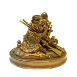 A bronze inkwell, 19th century, cast with hunting paraphernalia on an oval base, 11cm wide,