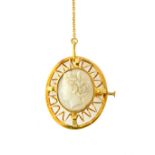 A gold mounted oval agate set cameo brooch, carved as the portrait of a classical lady,