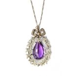 An amethyst and diamond pendant, in a drop shaped wreath design, with a bow surmount,