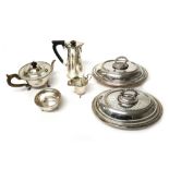 Plated wares, comprising; a three piece tea set, a pair of oval lidded entree dishes,