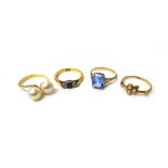 A gold, sapphire and diamond set three stone ring, detailed 18 CT,