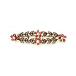 A gold backed, rose diamond, ruby and cultured pearl brooch, of oval form,