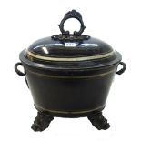 A Victorian ebonised metal oval coal bin and cover, on four scroll feet, 41cm across the handles,
