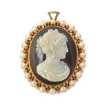 A gold mounted carved banded agate cameo and cultured pearl pendant brooch,