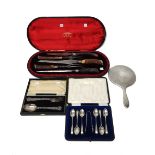 Six silver teaspoons, Sheffield 1919 and a pair of matching sugar tongs, Sheffield 1918, cased,