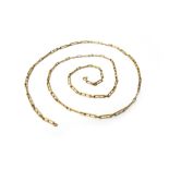 A gold neckchain, in a rectangular bar and oval link design, detailed 18 CT, on a boltring clasp,