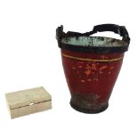 A polychrome painted metal bound leather fire bucket with strap handle, 27.