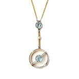 A gold, aquamarine and seed pearl set pendant necklace,