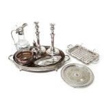 Plated wares, comprising; an oval twin handled gallery tray, having a wooden base,