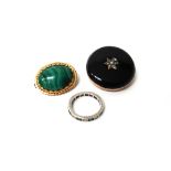 A gold mounted oval malachite brooch, detailed '18c',