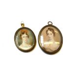 A Victorian portrait miniature on ivory of a young woman with coral coloured hair decoration,