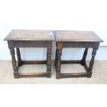 A pair of reproduction 17th century style oak joynt stools, with lunette carved friezes,