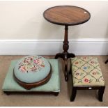 A Victorian circular walnut footstool with tapestry seat, 33cm diameter,