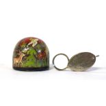 A Russian papier mache paperweight, 20th century, painted with a hunting scene,