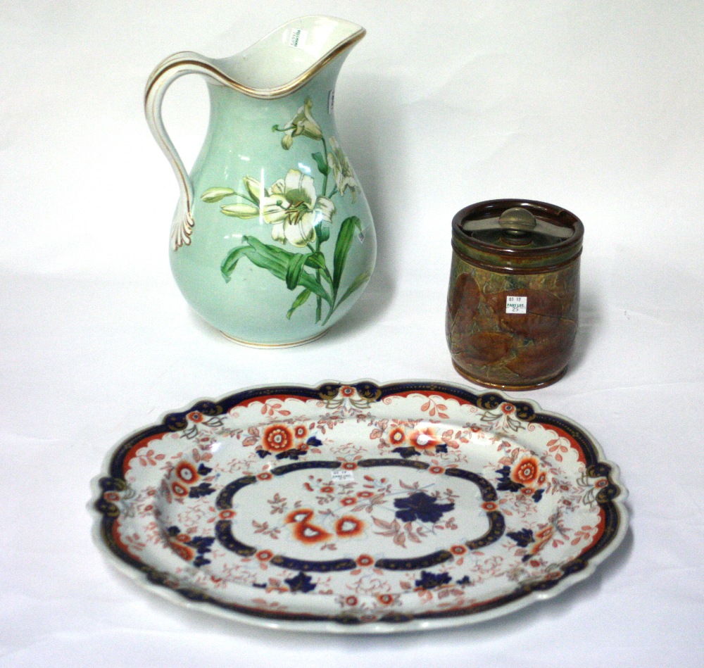 A Victorian pear shape toilet ewer, printed with flowers, Stone China Japan pattern meat dish,