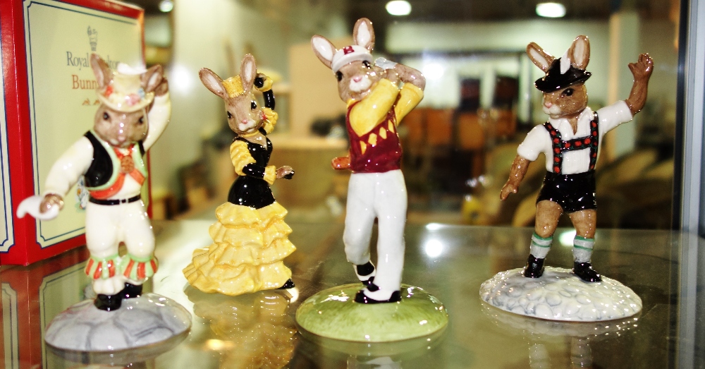 Four Royal Doulton Bunnykins figures; DB204 Morris Dancer 2000, signed by the artist Shane Ridge,