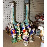 A quantity of ceramics including a pair of Continental turquoise ground bottle neck vases and