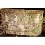 A large 20th century machine made wall hanging tapestry, decorated with classical scenes.