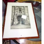 A pair of prints after J A Stewart and an etched print of a Portuguese cathedral door by A P