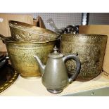A large quantity of assorted copper brass and metalware including bowls, plate, trays,