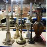 A Pair of cream and gilt painted tall wooden lampbases,