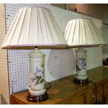 A pair of opalescent glass table lamps with floral decoration, (2).