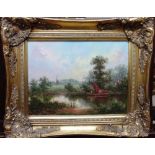 Peter Duffield (20th century), River scene with boat, oil on canvas, signed, 30cm x 40cm.