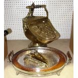 An oak oval tray, a plated oval tray, three brass scribe boxes,