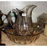 A quantity of collectables including a cut glass jug and bowl, a desk stand, glass rolling pin,