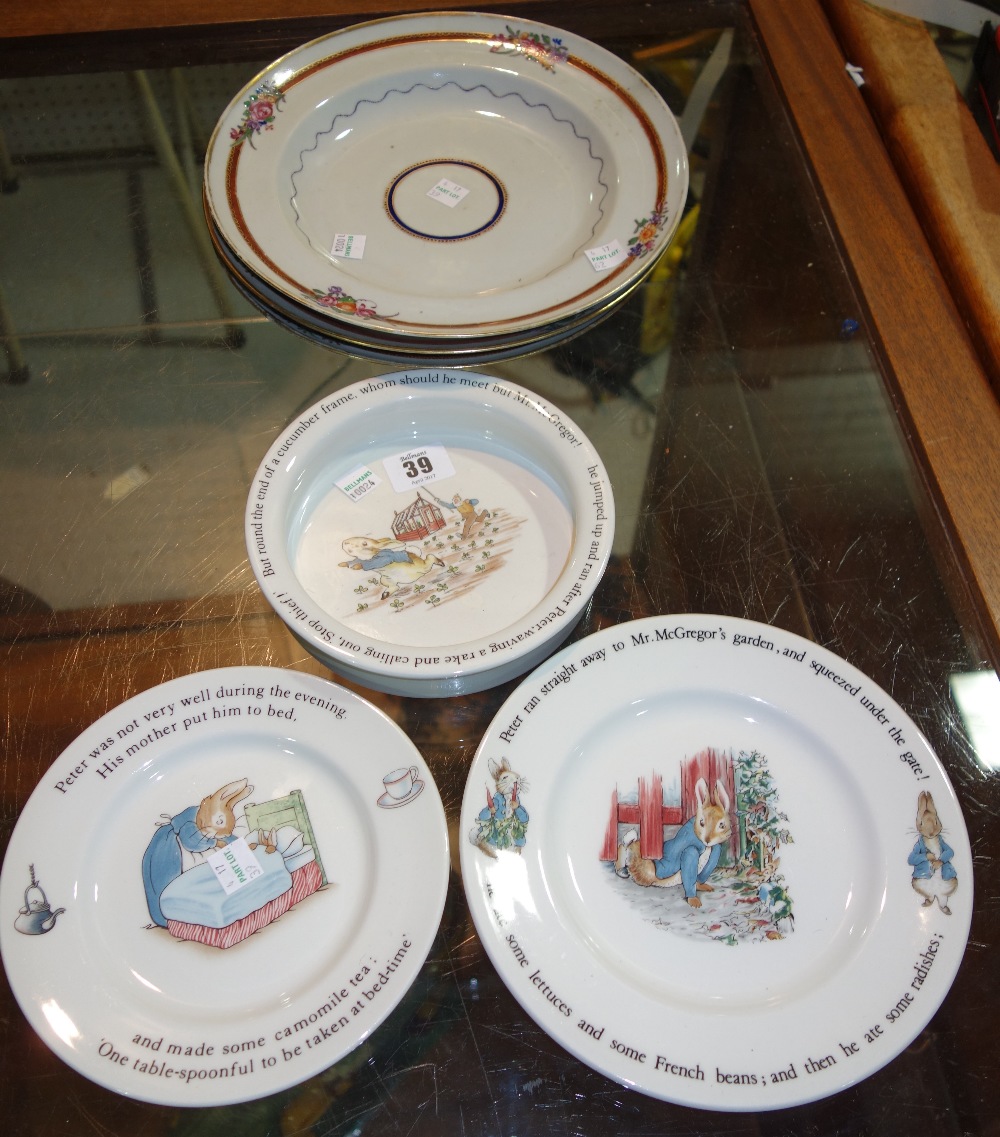 A group of ceramics including three Wedgwood Peter Rabbit bowls and three Oriental plates CAB.