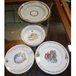 A group of ceramics including three Wedgwood Peter Rabbit bowls and three Oriental plates CAB.