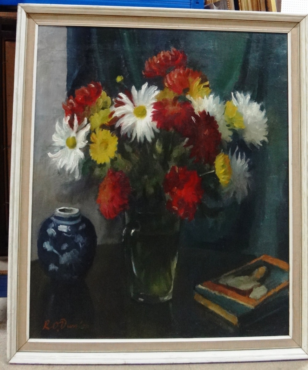 Follower of Ronald Ossory Dunlop, Still life of Dahlias, oil on canvas, bears a signature,