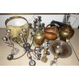 A quantity of copper, brass and metalware collectables, including; brass lamps, a brass log carrier,