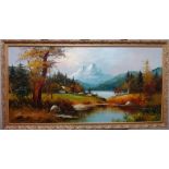 A. Whitman (20th century), Mountainous lake landscape, oil on canvas, signed, 59cm x 120cm.