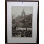 Axel Herman Haig (1835-1921), Stockholm, floating market, etching, signed in pencil, 64cm x 42cm.