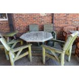 A set of four 20th century grey painted rustic armchairs and an octagonal teak folding table, (5).