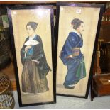 A pair of Japanese paintings on silk of young women, 83cm. by 29cm.