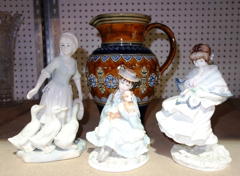Two Coalport figures, a Doulton jug and one other figure,