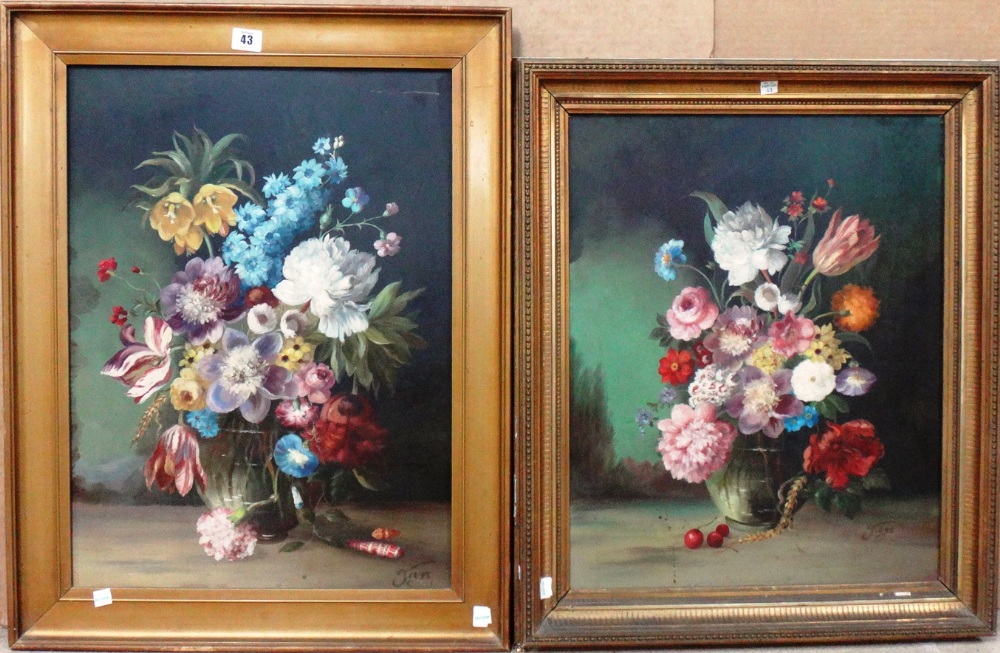 Jan (20th century), Floral still lives, two, oil on board, both signed, each approx 56cm x 41cm.