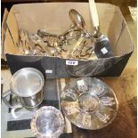 A quantity of silver plate, including flatware, salad tongs, a bowl, a mug and sundry, (qty).