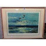 Sir Peter Scott (1909-1989), Geese in flight, colour reproduction, signed in pencil, 41cm x 55cm.